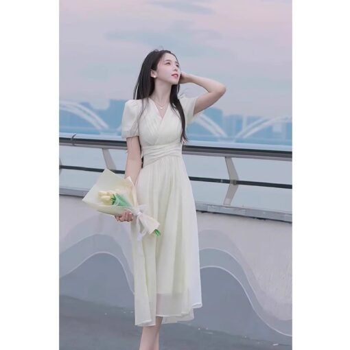 Vapetix S-XL  High-end French Elegant V-neck Puff Sleeve dress Children's Summer New Gentle Waist Slimming Dress - 图片 7