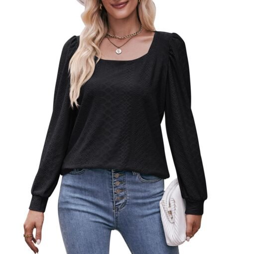 Vapetix S-XXL  Autumn 2023 New Cross-border European and American Women's Amazon Square Collar T-shirt Hollow Long - 图片 8
