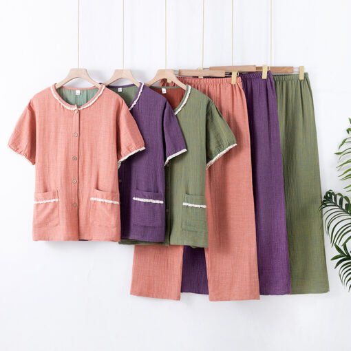 Vapetix M-XXL  New Cotton Gauze Jacquard Pajamas Women's Summer Cotton Yarn Round Neck Short Sleeve Trousers Home - 图片 8
