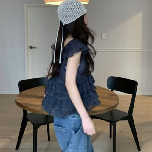 Vapetix One size fits all-One size fits all  South Korea Chic Summer Cute Age-reducing Micro-transparent Heavy Industry Ear V-neck Flying Sleeve - 图片 9