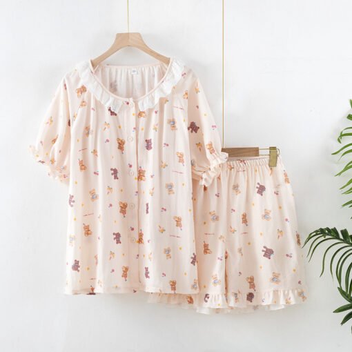 Vapetix M-XL  Summer Pure Cotton Gauze Pajamas Two-piece Set Thin Women Sweet Cute Cartoon Short-sleeved Shorts H - 图片 8