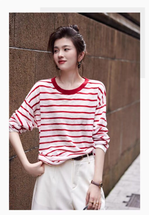 Vapetix One size fits all-One size fits all  SS STUDIO Summer Sun Protection Cool Air Sense Slub Striped Long Sleeve Round Neck Sweater Female S - Kép 7