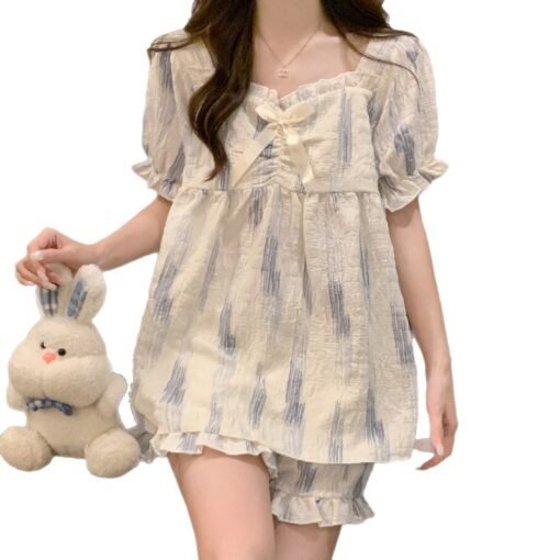 Vapetix M-XXL  Pajamas with Chest Pad Women's Summer Short-sleeved Shorts Cloud Cotton High-end Sense Striped Home - 图片 7
