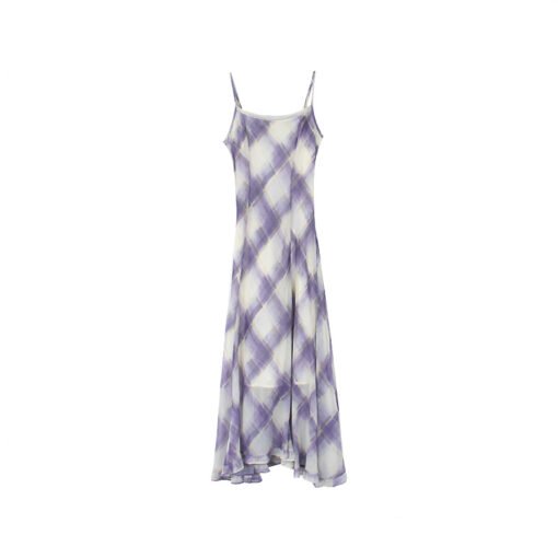 Vapetix S（80-100）-L（110-120）  [Midsummer Violet] Song Ming Retro Ruffled Plaid Sling dress Women's Summer Midi Dress Y4887F - 图片 6