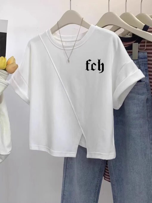 Vapetix M-2XL  Irregular Short Shoulder Short-sleeved T-shirt Women's Summer New Design Sense Small-sized Shoulder - Pilt 9