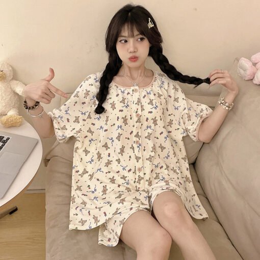 Vapetix M-2XL  2024 Summer New Arrival Pajamas Women's Pure Cotton Short-Sleeved Shorts suit Cute Cardigan Loose G - Obrázek 9
