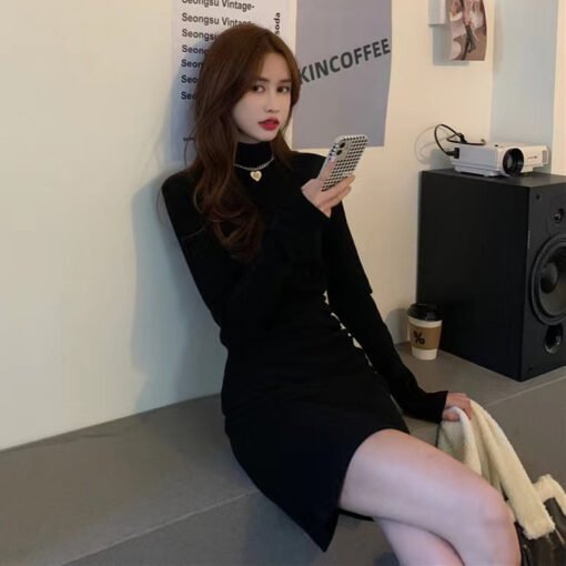 Vapetix S-XL  Design-Sense Half-High Collar Pleated Base dress Women's Spring Autumn and Winter Elegant Slim-Fit - 图片 5