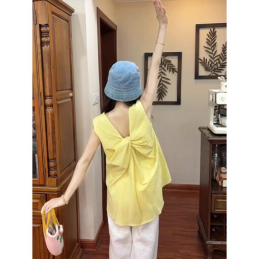 Vapetix S-XL  French Design Sense Yellow Bow Linen Vest Shirt Women's Summer Outer Wear V-Neck Backless Sleeveles - Kuva 4