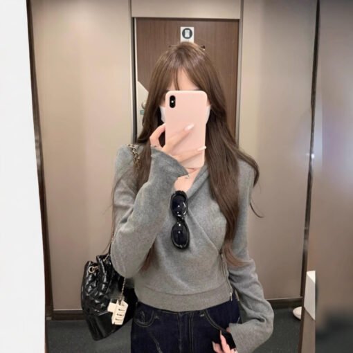 Vapetix S-XL  Grey Hooded Cross Long-sleeved T-shirt Women's Autumn New plus size chubby girl Slim-fit Slimming D - 图片 8