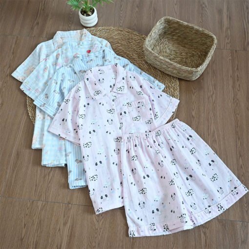 Vapetix M-XL  Summer Gauze Short-sleeved Pants Shorts Pajamas suit Women's Breathable Pure Cotton Lapel Loose Car - Obrázek 9