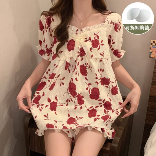 Vapetix M-XXL  Pajamas with Chest Pad Women's Summer Short-sleeved Shorts Cloud Cotton High-end Sense Striped Home - 图片 8