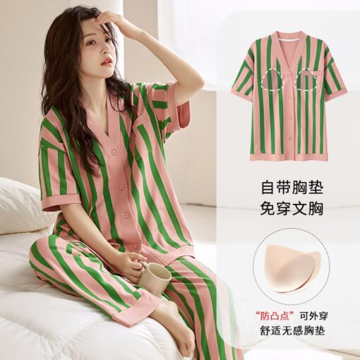 Vapetix M size (70-95 pounds)-XXXL size (145-155 pounds)  Pajamas Women's Summer Cardigan Short-sleeved Trousers with Chest Pad Fixed Cardigan Sweet Thin 202 - Kép 8