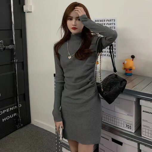 Vapetix S-XL  Design-Sense Half-High Collar Pleated Base dress Women's Spring Autumn and Winter Elegant Slim-Fit - 图片 7