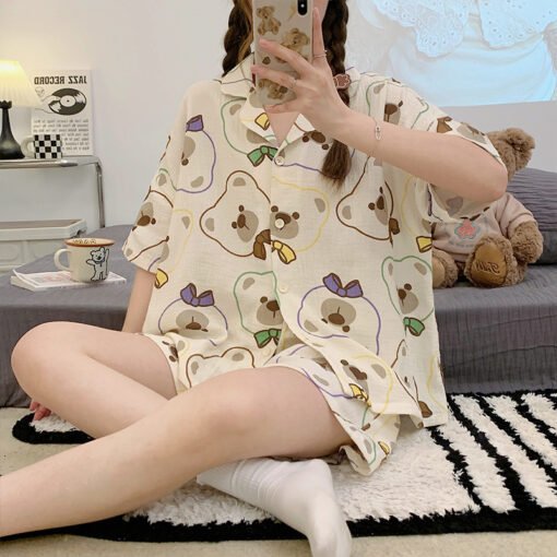 Vapetix M-3XL  Thin Cardigan Pajamas Short-sleeved Shorts suit Wrinkled Cloth Cute Cartoon Summer Women's Plus Siz – Bild 8