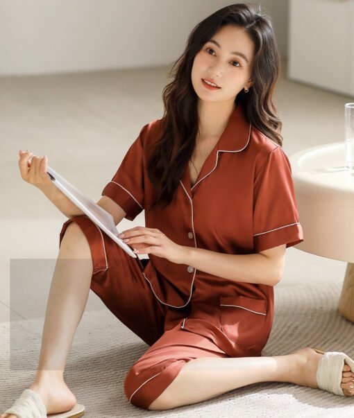 Vapetix M-2XL  High-end Pajamas Women's Summer Thin Ice Silk Short-sleeved Capri Pants Silk Mother Lapel Home Clot - 图片 9