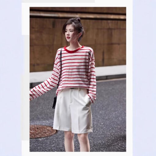 Vapetix One size fits all-One size fits all  SS STUDIO Summer Sun Protection Cool Air Sense Slub Striped Long Sleeve Round Neck Sweater Female S - Kép 8