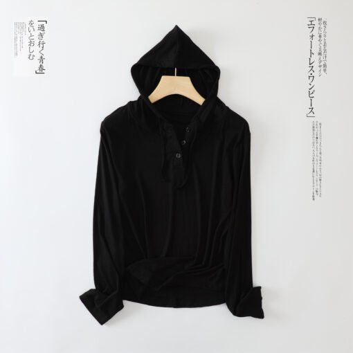 Vapetix M-XXL  Autumn New Modal Thread Long Sleeve Hooded Button T-Shirt Women's Loose Casual Top Inner Base Shirt - 图片 8