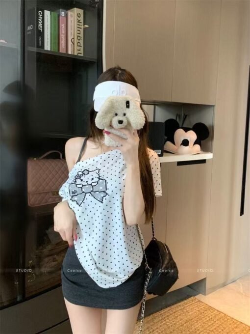 Vapetix S-XL  【40 imitation cotton thread】tiled neck bow printed short-sleeved T-shirt women's loose top - Imagen 2