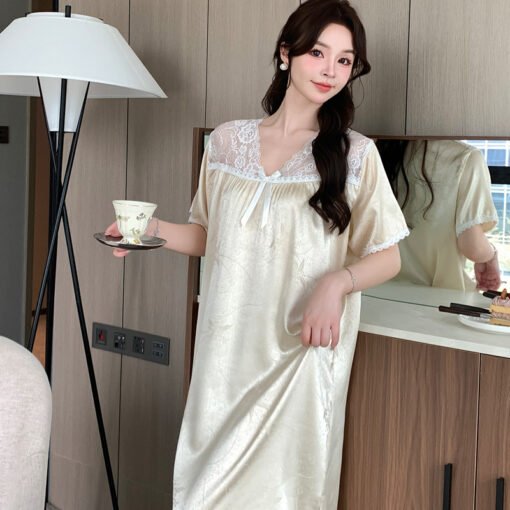 Vapetix 160(M)-175(XXL)  Women's Nightgown with Chest Pad 2025 New Ice Silk Short Sleeve Comfortable Silk Summer Outer Wear - Afbeelding 3