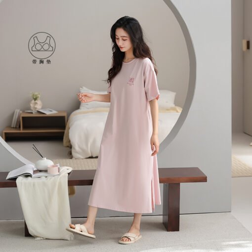 Vapetix 160(M)-175(XXL)  With Chest Pad Cool Cotton Short-sleeved Nightgown Pullover Casual Simple Pure Cotton Pull-up Cotto - Imagen 2