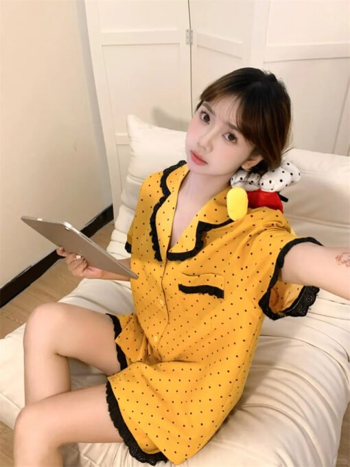 Vapetix M-XXL  Guantu Cloud Cotton South Korea Ins Sweet Wave Dot Short Sleeve Pajamas Women's Summer Outer Wear H - 图片 5