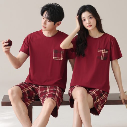 Vapetix Female M-Male 3XL  Pure Cotton Pull Rack Lycra Cotton Couple Pajamas Summer Red Crewneck Women's Short Sleeve Shorts M – Bild 5