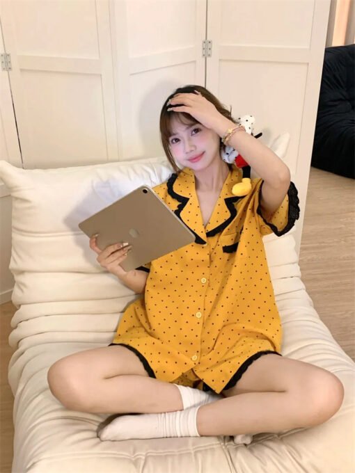 Vapetix M-XXL  Guantu Cloud Cotton South Korea Ins Sweet Wave Dot Short Sleeve Pajamas Women's Summer Outer Wear H - 图片 2