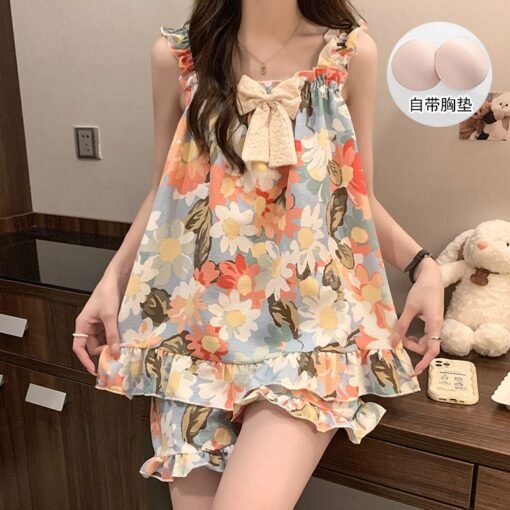 Vapetix M-XXL  xyqm-2025 Internet Celebrant New Style Bubble Cotton Sling Bow Pajamas Women's Summer Sweet KT Cat – Bild 2