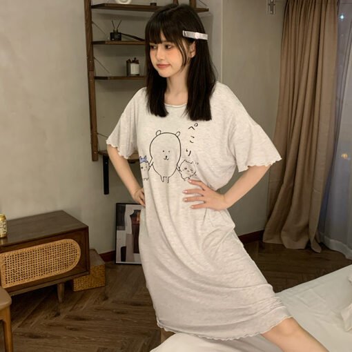 Vapetix M-XXL  Shaoxing-Nightgown Women's Modal Cartoon Cute Short-sleeved Mid-length Dress Solid Color Outwear Ho – Bild 4