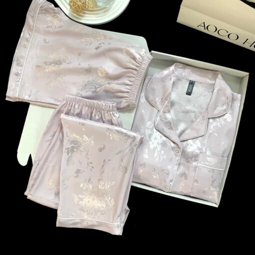 Vapetix M-XXL  Live Summer Short-sleeved Ice Silk Pajamas with Chest Pad Women's Thin Ice Silk Three-piece Set Wom - Kép 4