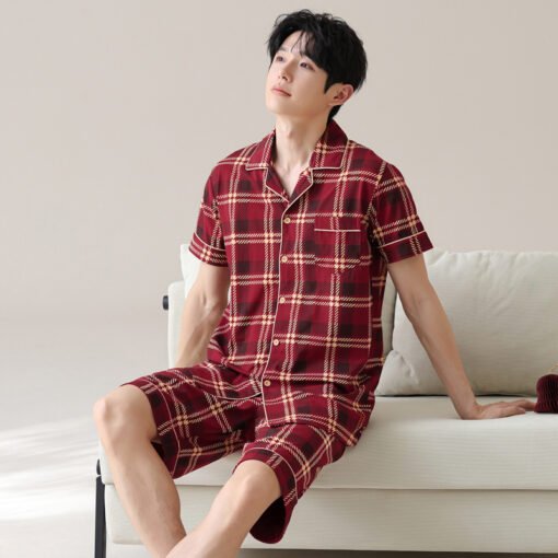 Vapetix Female M-Male 3XL  Pure Cotton Pull Rack Lycra Cotton Couple Pajamas Summer Red Lapel Women's Short Sleeve Shorts Men' – Bild 2