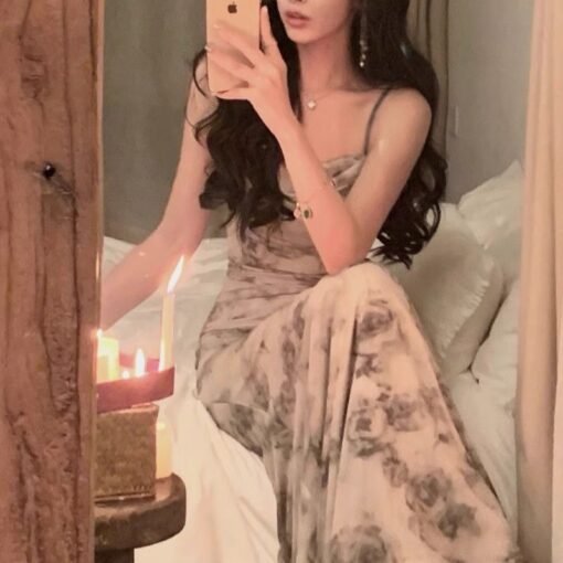 Vapetix S-2XL  New style of coffee break French mesh printed suspender long skirt design niche pure slim hip-packi