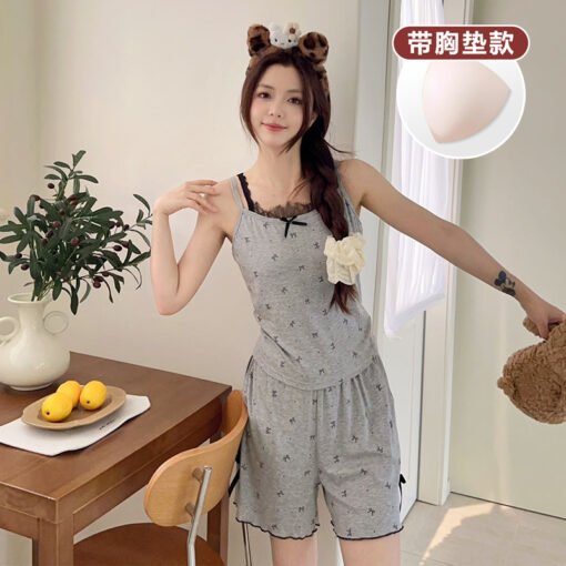 Vapetix M-XL  [Tanfanny Summer 77 Batch]# M-XL (Modal with Chest Pad) Summer Sling Pajamas Women's Suit Grey - 图片 3