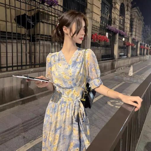 Vapetix M-2XL  Printed Mid-length French New A- line Skirt V-neck Slimming Over-the-knee Short Sleeve Split Ladies - 图片 5