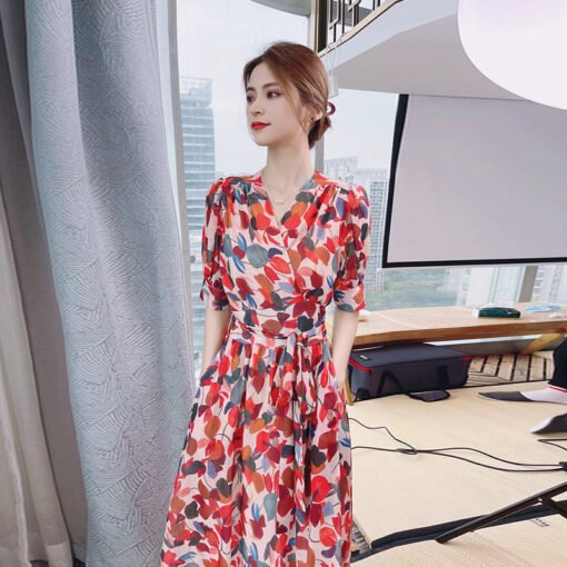 Vapetix M-2XL  Mid-length French Style New A- line Dress V-neck Slimming Summer Over-the-knee Short Sleeve Split L - 图片 2