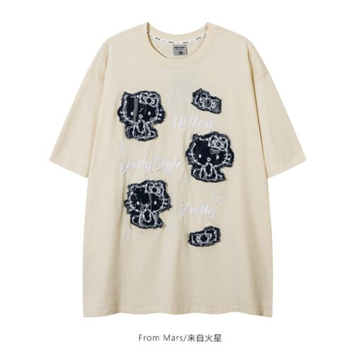 Vapetix S-3XL  【Tmall/Recommended】Heavy 230g double yarn pure cotton combed tightly cat letter printed short-sleev - 图片 5