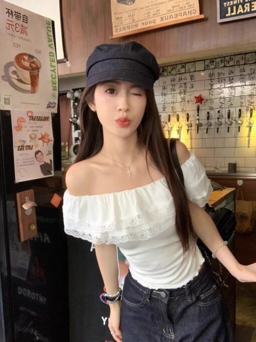Vapetix S-XL  Pure lace side-shoulder strapless T-shirt for women 2025 new summer slim fit unique super good-look - Pilt 4