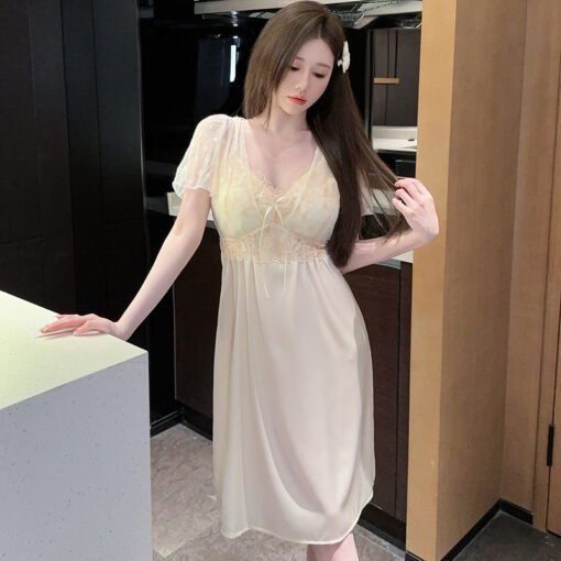 Vapetix M-XL  Summer Short Sleeve Ice Silk Nightgown with Chest Pad Sexy Lace Mesh Pure Desire Long Nightgown Nig – Bild 3