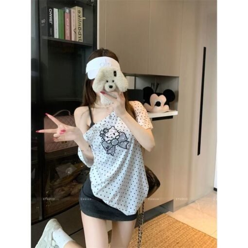 Vapetix S-XL  【40 imitation cotton thread】tiled neck bow printed short-sleeved T-shirt women's loose top - Imagen 3