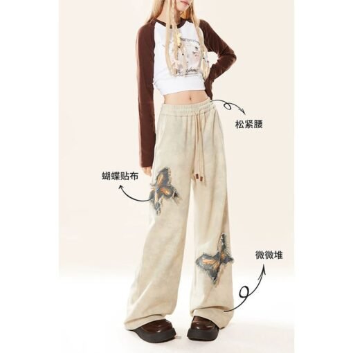 Vapetix S-XL  American Style Butterfly Embroidered Wide Leg Pants Women's 2025 Spring and Summer Design High Wais - 图片 4
