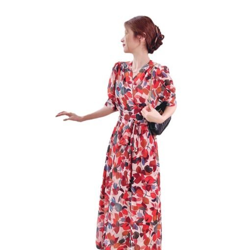 Vapetix M-2XL  Mid-length French Style New A- line Dress V-neck Slimming Summer Over-the-knee Short Sleeve Split L - 图片 3
