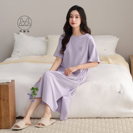 Vapetix 160(M)-175(XXL)  With Chest Pad Cool Cotton Short-sleeved Nightgown Pullover Casual Simple Pure Cotton Pull-up Cotto - Imagen 4
