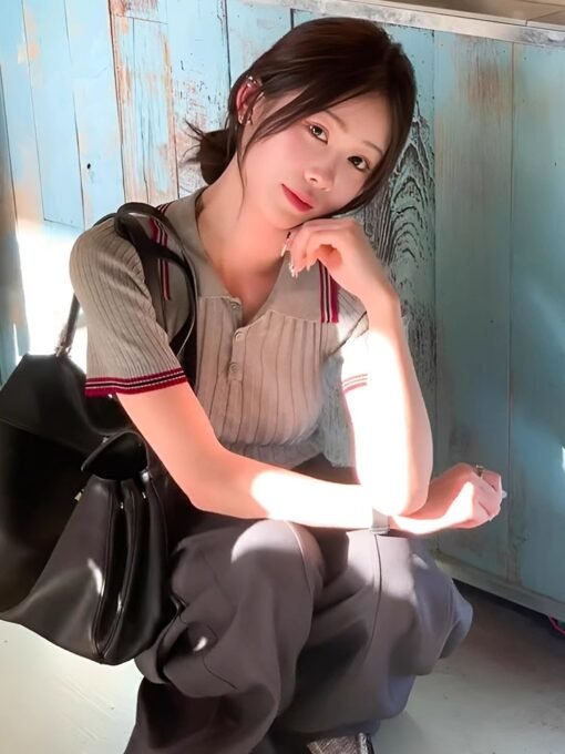 Vapetix Universal code-Universal code  College style gray lapel short sleeve ice silk sweater for women 2025 new summer slim fit small sho - 图片 3