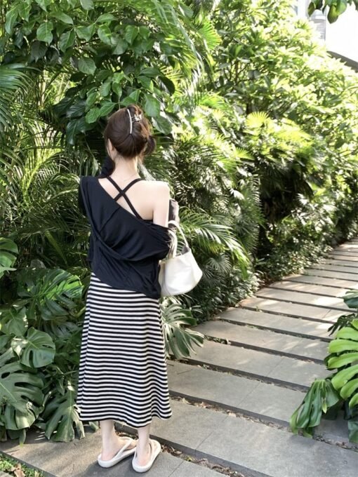 Vapetix One size fits all-One size fits all  V-Neck Striped Sling Knitted Sleeveless dress Women's 2025 Summer New Korean Style All-match Slimmi - 图片 4