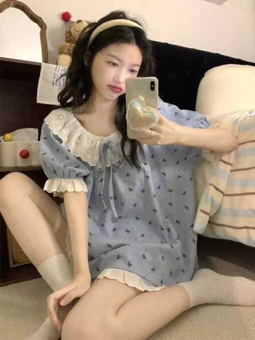 Vapetix M-XXL  Official Figure Cloud Cotton Korean Style Ins Sweet Bow Lace Pajamas Women's Summer New Style - 图片 2