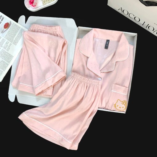 Vapetix M-XXL  Live Summer Short-sleeved Ice Silk Pajamas with Chest Pad Women's Thin Ice Silk Three-piece Set Wom – Bild 3