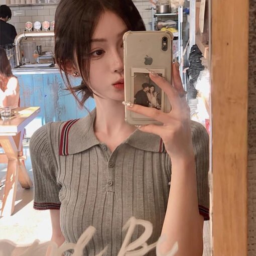 Vapetix Universal code-Universal code  College style gray lapel short sleeve ice silk sweater for women 2025 new summer slim fit small sho - 图片 4