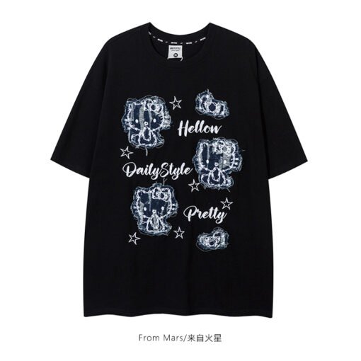 Vapetix S-3XL  【Tmall/Recommended】Heavy 230g double yarn pure cotton combed tightly cat letter printed short-sleev - 图片 4