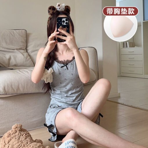 Vapetix M-XL  [Tanfanny Summer 77 Batch]# M-XL (Modal with Chest Pad) Summer Sling Pajamas Women's Suit Grey - 图片 5