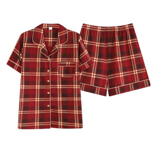 Vapetix Female M-Male 3XL  Pure Cotton Pull Rack Lycra Cotton Couple Pajamas Summer Red Lapel Women's Short Sleeve Shorts Men' – Bild 3